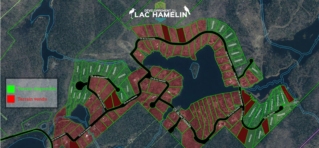 Carte des terrains du Domaine du Lac Hamelin à Saint-Gabriel-de-Brandon : lots disponibles en vert, lots vendus en rouge